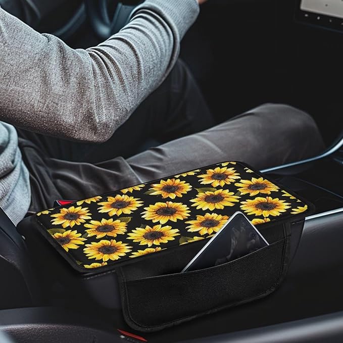 BIGCARJOB Sunflower Car Center Console Cover with Side Storage Auto Interior Accessories Cute Sunflower Print Car Armrest Seat Box Cover Cushion Universal Car Armrest Organizer