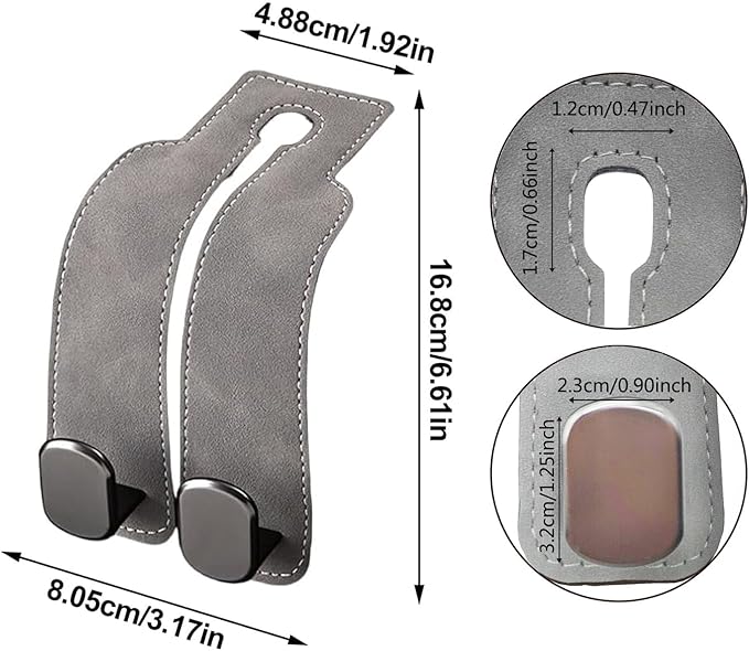 Premium PU Leather Car Seat Headrest Hooks, Backseat Hangers for Bags, Purses, Coats, Gray, 2 Pairs