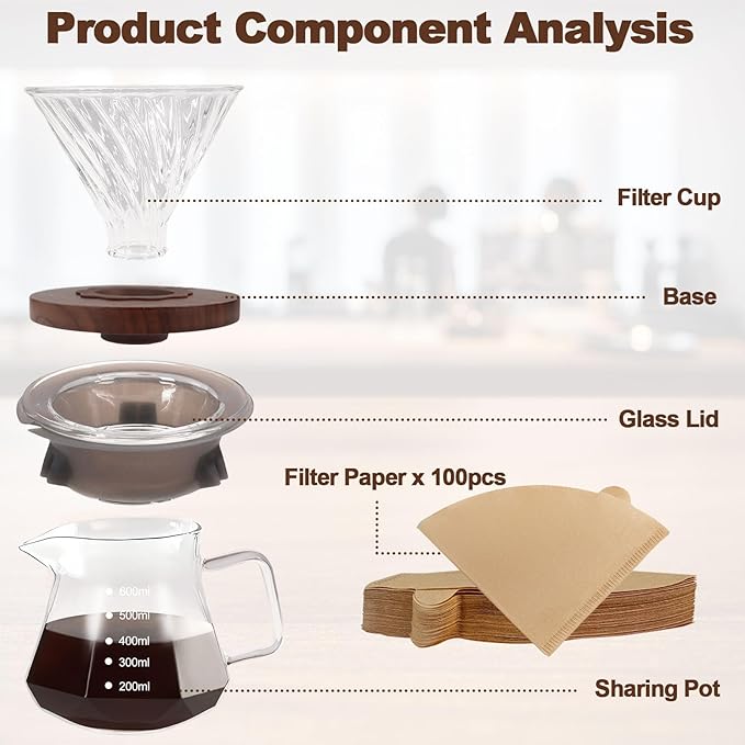 Pour Over Coffee Maker Set 600ml 20.3oz Portable with 100 Pcs Filter Paper Glass Coffee Maker High Borosilicate Glass Eagle Beak Spout Design Walnut Wood Base for Pour Over for Daily Brewing