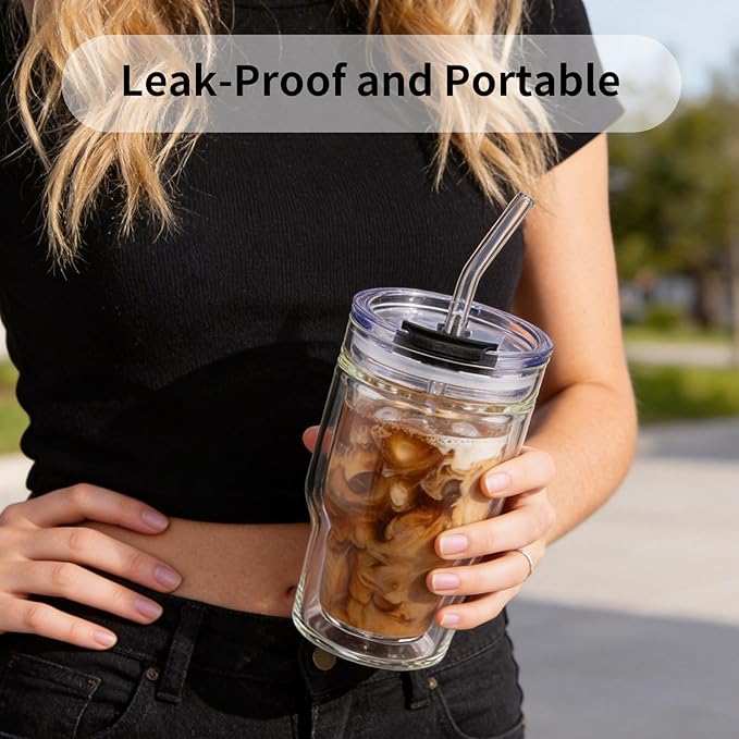 Double Walled Glass Espresso Cups, Insulated Coffee Mug with Straw and Lid - 12oz/350ml Reusable Tumbler for Hot/Cold Drinks, Smoothie, Latte, Matcha, Car & Travel