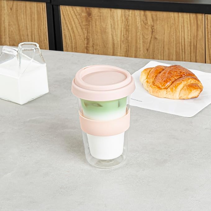 Restaurantware Glass Travel Mug 1 Count 14 Ounce Double Wall Borosilicate Reusable Coffee Cup, Spill-Resistant Tan Silicone Lid, Clear Drinkware Mug for Hot and Cold Beverages