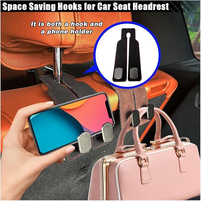Car Seat Back Double Hooks for Headrest, Leather Car Back Seat Hooks for Purse and Bags, Upgraded 2 in 1 Purse Hook for Car Seat, Universal Vehicle Headrest Hangers for Car, Home (Black, 2PCS)