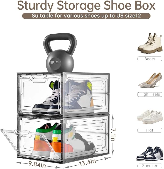 Stebopum 12 Pack Shoe Boxes Shoes Organizer, Shoe Storage Organizer Boxes with Magnetic Door, Clear Shoe Organizers Sneaker Storage Shoe Box for Women/Men, Fit up to US Size 12