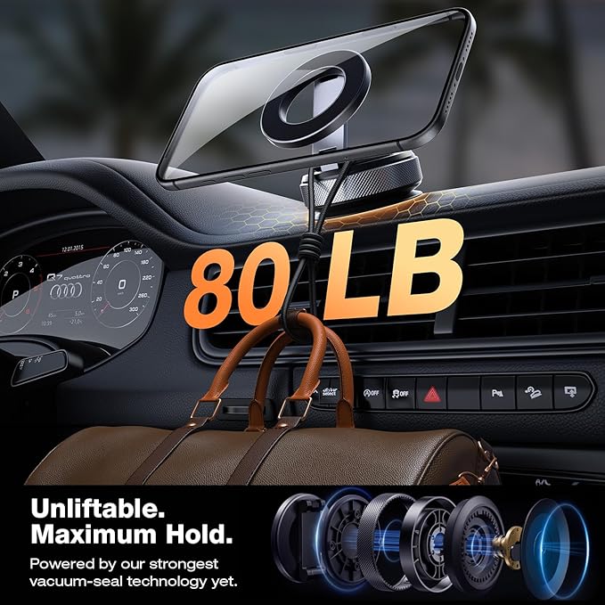 Magnetic Phone Holder for Car, Aerospace Aluminum iPhone Mount with 3200gf Magnet & 80LBS Vacuum Suction, 360° Adjustable Dashboard Mount Compatible with MagSafe iPhone 17 Pro Max/16/15/14/13