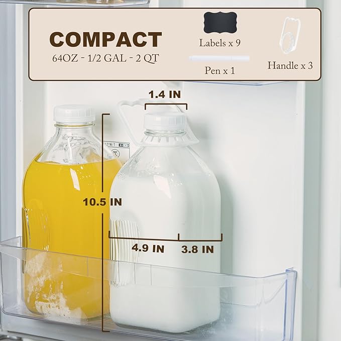 Glass Milk Jugs Containers - Half Gallon Juice Bottles with Airtight Screw Cap and Handle for Milk, Breastmilk, Iced Tea, Cold Water, 64OZ Pitcher Set of 3