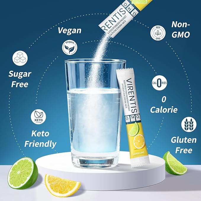 16 Sticks Electrolytes Powder Packets Sugar Free Hydration Packets Liquid Daily IV Electrolyte Drink Mix for Rehydration with 8 Electrolytes & 6 Vitamins, Low Sodium, Lemon Lime
