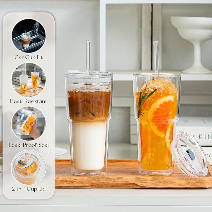 KEMORELA 2PCS 20oz Clear Double Wall Glass Cups with Lids and Straws, Insulated Borosilicate Glass Tumblers, Heat-Resistant, leak-proof Design for Iced Coffee, Bubble Tea, Juice