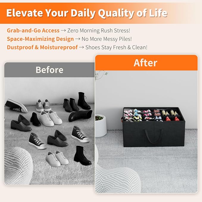 Aokeyee 2 Pack Shoe Organizer for Closet, Large Shoe Storage Box Fits up to 48 Pairs, Space Saving Foldable Shoes Organizer Bin w/Clear Cover and 4 Reinforced Handles, Black