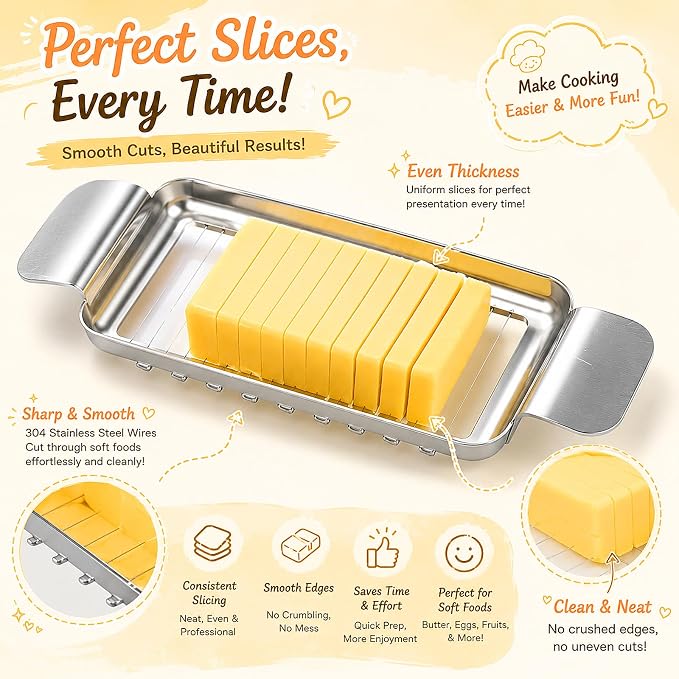 JAYVAR Cheese Slicer and Butter Cutter, 304 Stainless Steel Wire | Multifunctional Cheese Slicers for Block Cheesees, Handheld Butters Slicers Cutter, for Egg Slicing, Dishwasher Safe