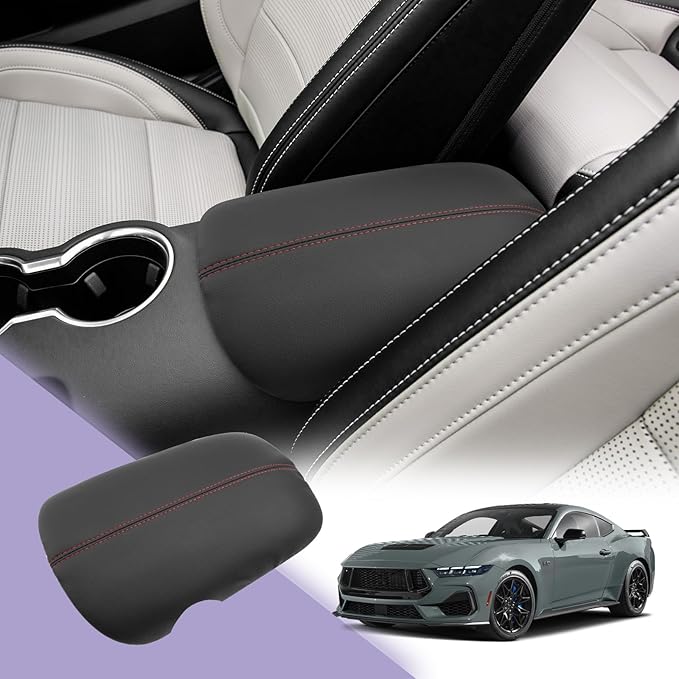 Mustang Center Console Cover Compatible with 2024 2025 Ford Mustang Accessories 2025 Mustang Armrest Cover Center Console Pad Mustang EcoBoost Premium/GT Armrest Console Cover Soft Leather,Red Line
