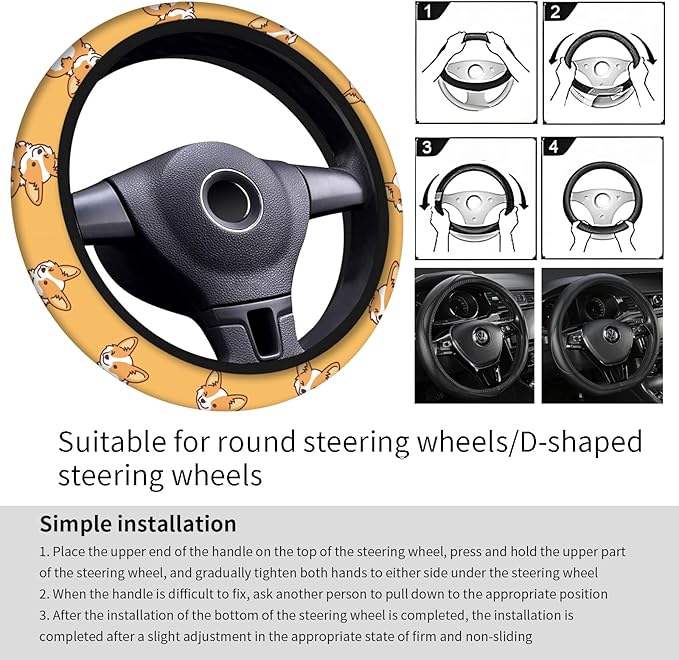 Car Steering Wheel Cover, Universal 15 Inch Neoprene Non-Slip Steering Wheel Covers, Funny Car Accessories for Women Men Fit Auto, Suvs, Truck Cute Yellow Corgi Dog