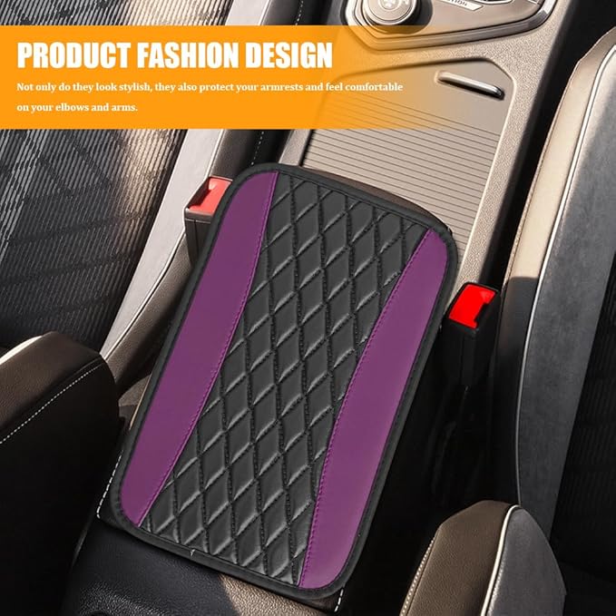 Car Center Console Cover, Leather Waterproof Armrest Seat Box Cushion Pad, Universal Decor Protector Mat, Comfortable Car Decor Accessories Fit for Most Cars, Vehicles, SUVs(Purple)