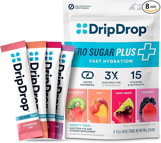 DripDrop Zero Sugar Plus - Sugar Free Hydration Packets - Single Serve Electrolytes Powder Drink Mix - Strawberry Kiwi, Peach, Cherry Limeade, Wild Berry - Non-GMO, Gluten Free, Vegan - 8 Sticks