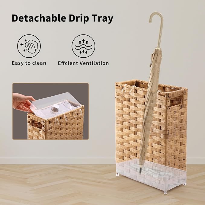 Rattan Umbrella Stand, Umbrella Holder for Entryway, Hand Woven Umbrella Rack Organizer Freestanding, with a Detachable Drip Tray, 4 Hooks, 11.8" L x 5.5" W x 16.5" H, Natural