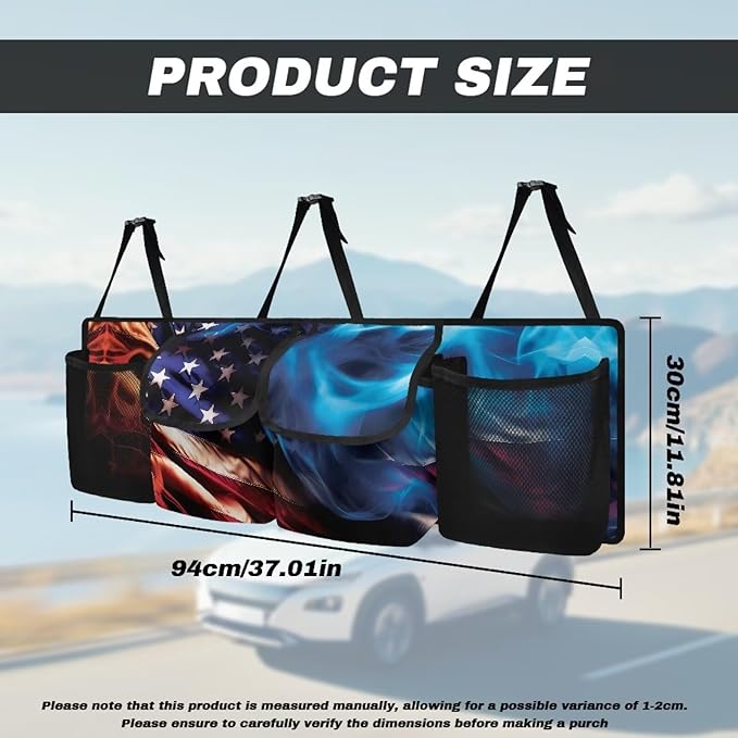 American Flag Fire Car Trunk Organizer and Storage, Backseat Hanging Organizer with 4 Waterproof Storage Bag with Adjustable Straps - Car Interior Accessories for SUV, Truck, Van, Cargo