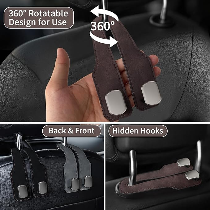 Car Seat Headrest Hooks for Purses and Bags, 4 Pack Bag Purse Holder for Car with Double Metal Hooks, Car Purse Hanger, Headrest Back Seat Handbags Hook Cute Hanging Accessories, Brown