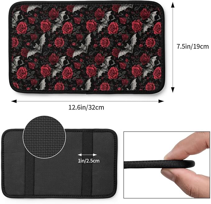 Goth Bat Rose Center Console Cover Pad, Car Armrest Seat Box Cover Cushion Universal for Most Vehicle SUV Truck, Car Interior Accessories Decor, Protect from Pet Claws & Dirt