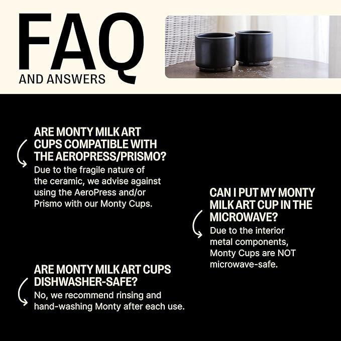 Fellow Monty Milk Art Espresso Cups - Small Double Wall Ceramic Demitasse, Matte Black with Graphite Base, 3 oz Cup (Set of 2)