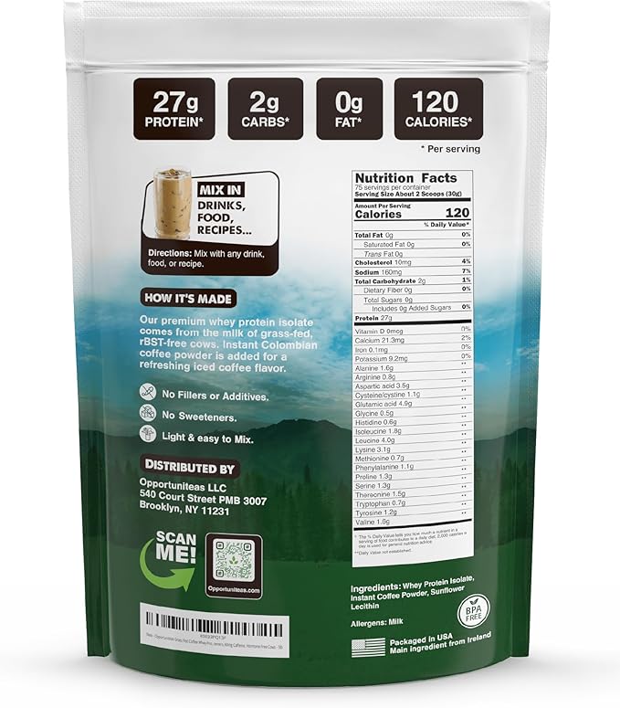 Opportuniteas Grass Fed Coffee Whey Protein Isolate Powder - 27g Protein Powder Without Artificial Sweeteners, 60mg Caffeine, Hormone-Free Cows - 5lb