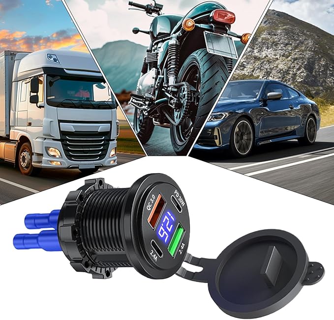 USB Car Charger - Fast PD+QC3.0 Charging Station, Digital Display Monitor Design, USB-A + ÚSB-C Ports + 60W Output Power Spec, ABS PVC -Grade Construction - for Cars, Trucks & Motorcycles