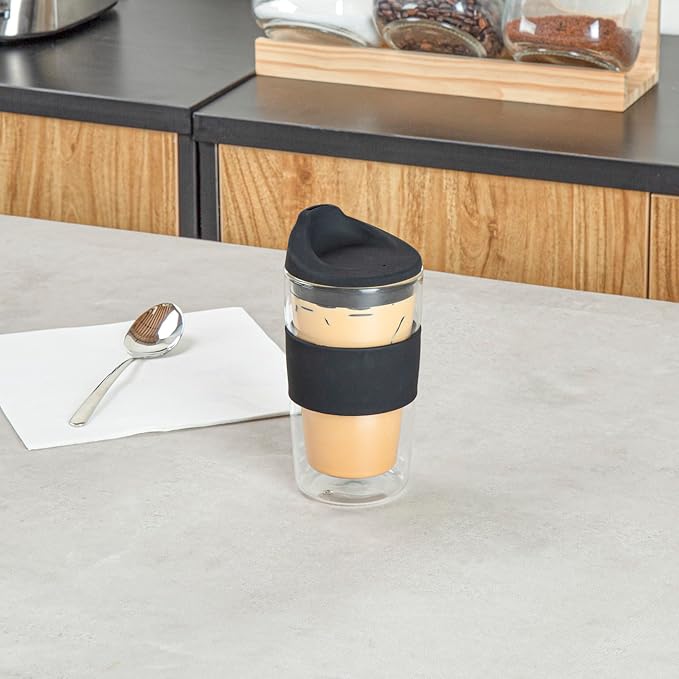 Restaurantware Glass Travel Mug 1 Count 12 Ounce Double Wall Borosilicate Reusable Coffee Cup, Spill-Resistant Black Silicone Lid, Clear Drinkware Mug for Hot and Cold Beverages