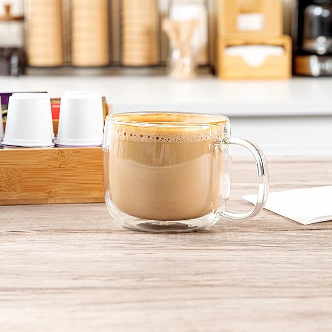 Restaurantware Glass Espresso Cups 12 Count 17 Ounces Borosilicate Double Wall Glass Coffee Mugs Insulated Clear Tea Drinkware for Hot or Cold Beverages