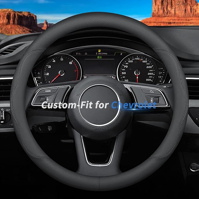 Custom-Fit for Chevrolet Steering Wheel Cover, Premium Leather Car Steering Wheel Cover with Logo, Non-Slip, Breathable,