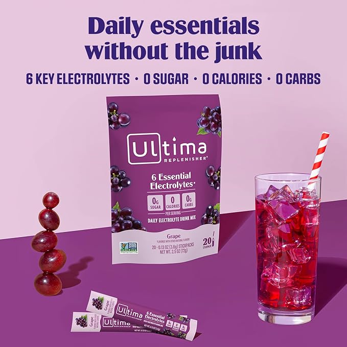 Ultima Replenisher Daily Electrolyte Powder – Grape, 20 Stickpacks – Zero Sugar Hydration Packets with 6 Electrolytes and Minerals – Sugar Free, Plant Based & Keto Friendly Drink Mix