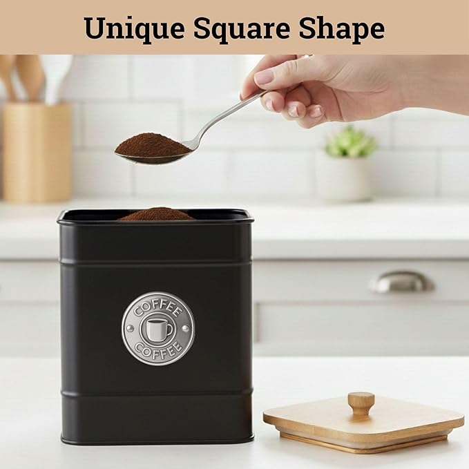 Airtight Coffee Canister - 40 oz Large Iron Black Coffee Container Airtight - 6 x 8 inch Metal Jar - Stylish Countertop Container for Grounds, Beans, Pods & More with Rubber-Lined Bamboo Lid