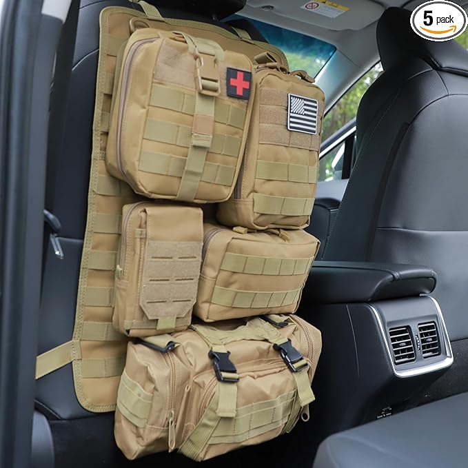 Tactical Car Seat Back Organizer Hanger Bag with 5 Detachable Molle Pouch Vehicle Molle Panel Organizer Storage Bag Universal for for most car models (Khaki)