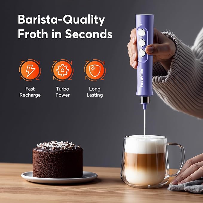 MF02 Rechargeable Milk Frother Handheld Foam Maker with Stainless Whisk for Cappuccino, Latte, Bulletproof Coffee, Keto Diet, Protein Powder, Matcha (Ultra Violet)