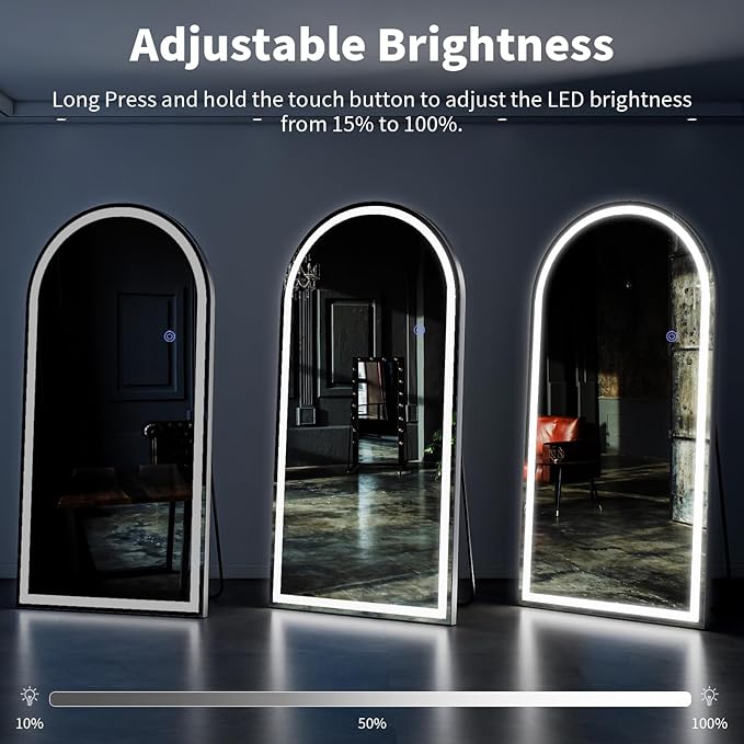 VooBang 71"x32" LED Large Mirror Full Length - Arched Floor Body Mirror with Dimmable Lights - 3 Color Modes, Standing Leaning Wall Mounted for Bedroom, Dressing Room
