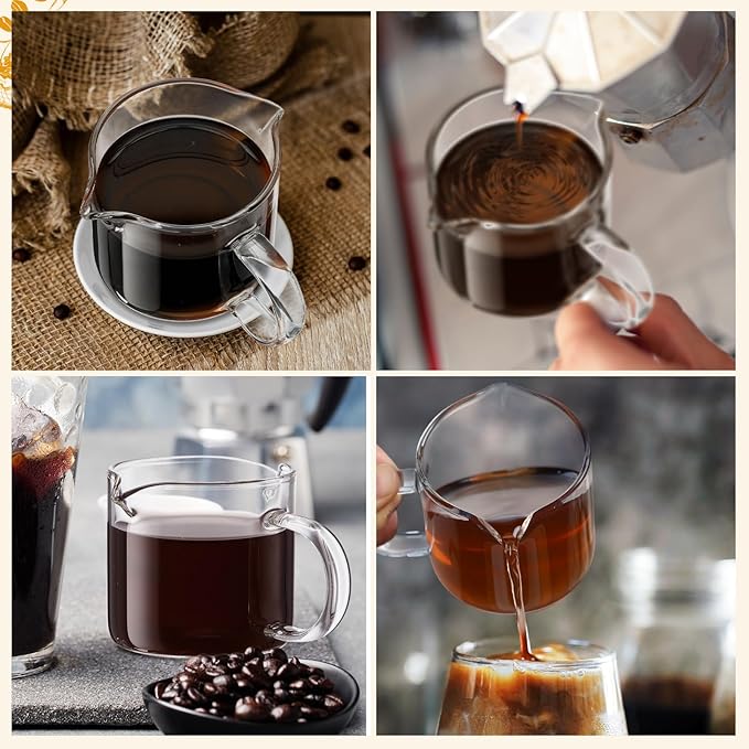 Patelai 4 Pcs 6oz/180ml Espresso Cups, Glass Coffee Cups with Double Spouts & Handle, Clear Espresso Shot Glass Milk Frothed Cup Coffee Accessories for Machines, Milk Frothed, and Bars