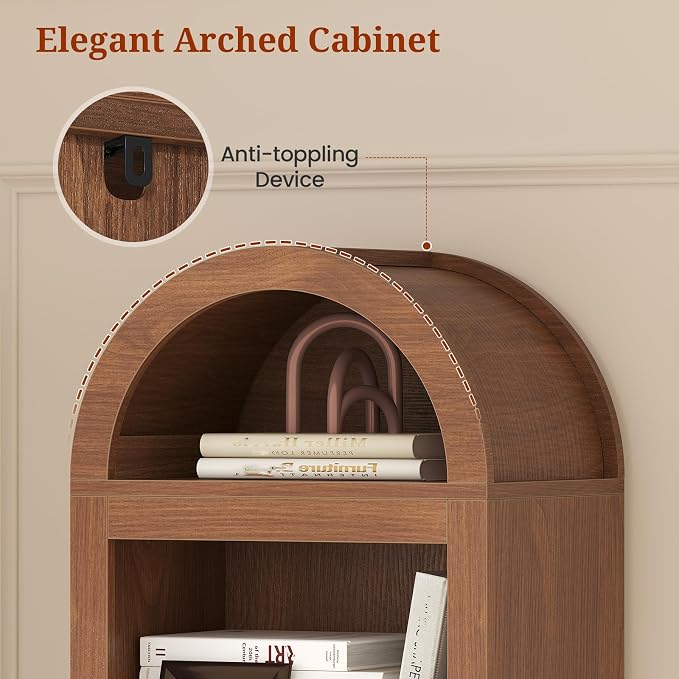 UPOSOJA 76" Tall Narrow Arched Bookcase,7-Teir Mid-Century Modern Bookshelf,Adjustable Shelves offering More Storage Space for Living Room,Kitchen,Home Office (Brown, Narrow)