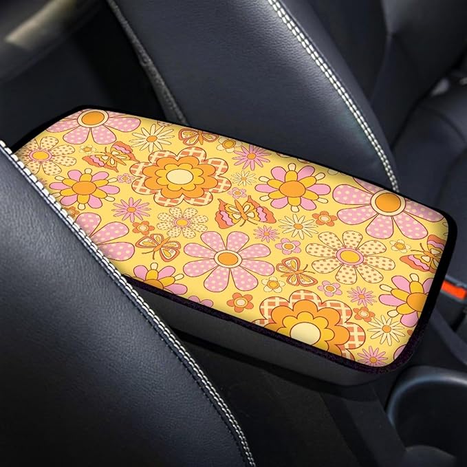 Hippie Flower Center Console Cover Protect from Pet Claws Universal Armrest Cover Pad Easy to Install 12.3 x 7.5 Inch Universal Car Interior Accessories Decoration