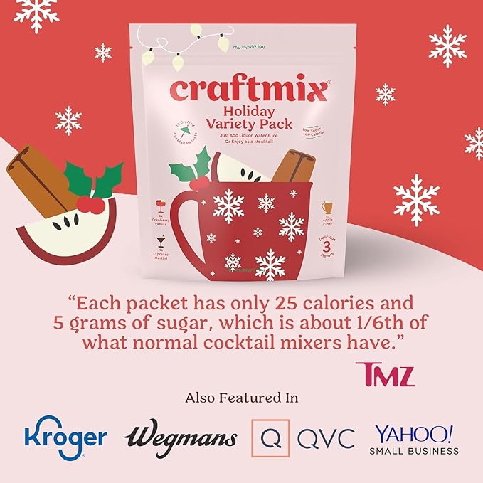 Craftmix Holiday Variety Cocktail & Mocktail Drink Mixer, Skinny Mixes - Water Flavoring Packets - Made With Real Ingredients - Vegan, Low-Carb, Low-Sugar, Non-GMO, Dairy Free, Gluten Free, 12 Pack