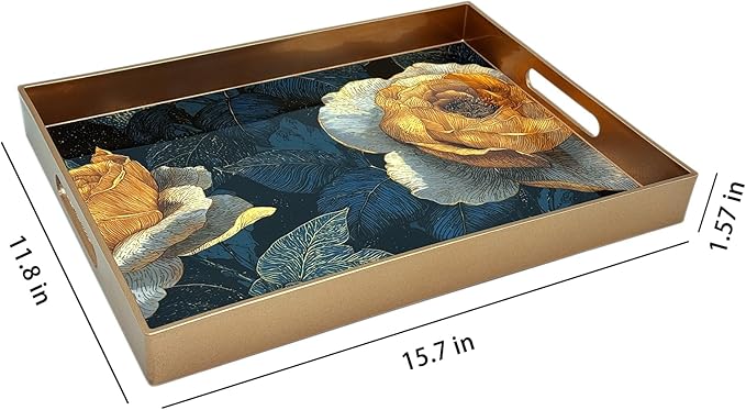 Serving Tray with Handles, 15.7 * 11.8 inches, Plastic Ottoman Tray with Exquisite Paintings, Trays for Coffee Table