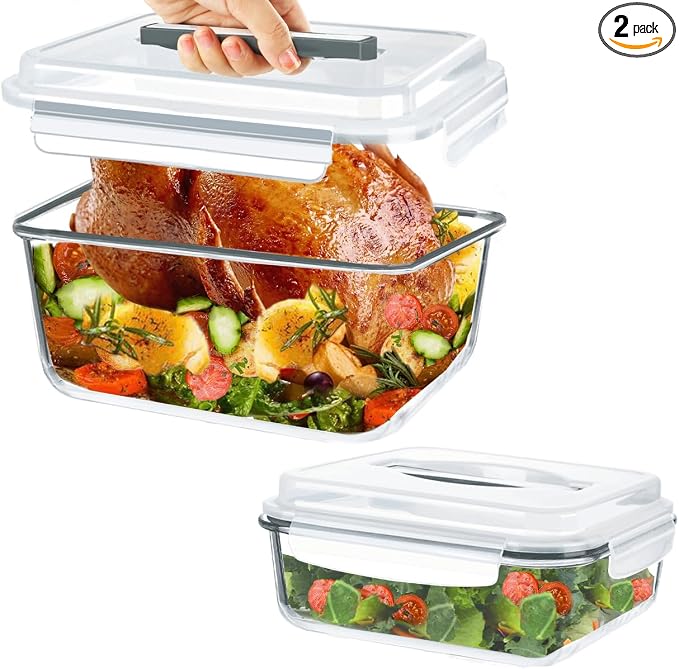 KOMUEE 2 Pack 220oz+76.4oz Extra Large Glass Food Storage Containers Set with Airtight Lids, Big Glass Meal Prep Containers, Ideal for Storing Rotisserie Chicken, Lasagna,Salads, Leak-proof & BPA-Free