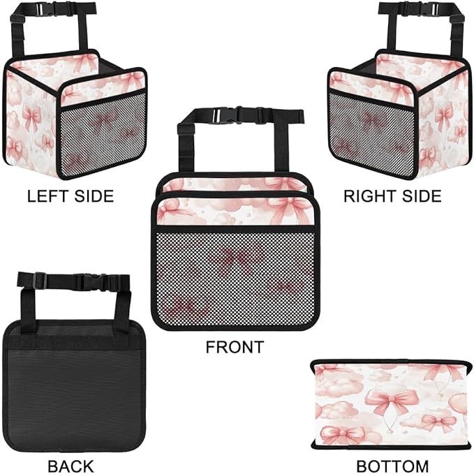 Pink Bows Clouds Car Backseat Organizer PU Leather Automotive Back Seat Storage Bag Universal Hanging Garbage Box Travel Accessories Foldable