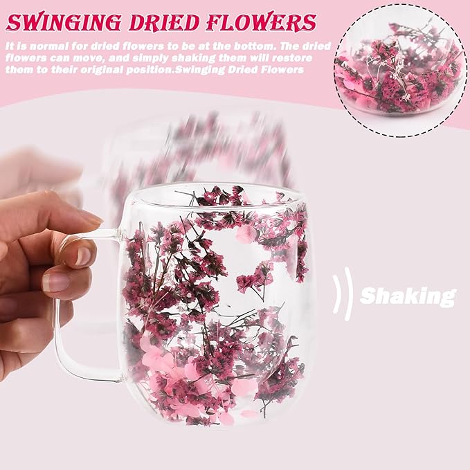 Real Flower Glass Tea Cup, Double Wall Borosilicate Coffee Mug with Preserved Flowers, Clear Aesthetic Floral Glassware, Romantic Gift for Women, Mom, Girlfriend, Mother’s Day & Women’s Day