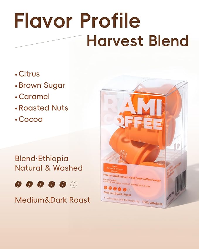 Rami Coffee Cold Brew Freeze Dried Instant Coffee Powder, Medium-Dark Roast 100% Arabica, 6 Portable Single Packets for Home Travel Backpacking Camping