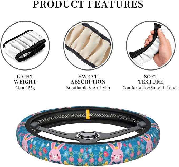 Neoprene Steering Wheel Cover Easter Bunny Yellow Blue Floral Chick Car Steering Wheel Cover Universal Fit for Most Cars