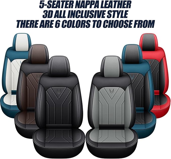 Car Seat Covers Full Set 3D Foam Back Support, 5 Seats Universal Fit for Most Cars, Nappa Leather Car Seat Cushion Super Breathable, Storage Bags, All Season, Black Red Car Seat Cover