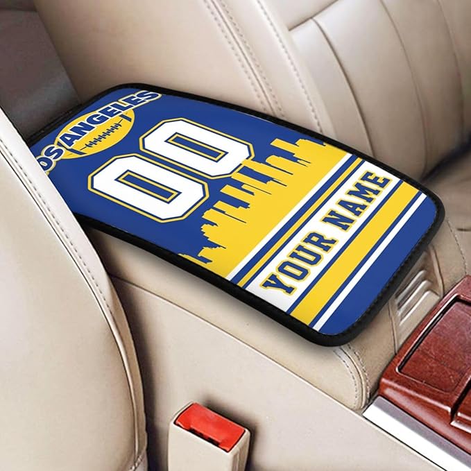 Custom Los Angeles R Car Armrest Covers Personalized Football Style with Name Number Customized Auto Center Console Pad Car Handrail Box Cushion for Most Vehicle Decor Accessories, Fans Gift