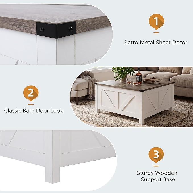 35” Farmhouse Coffee Table with Large Storage, Rustic Wood Lift Top Coffee Table for Living Room, Square Center Table with Charging Station&USB, Modern Port Pottery Barn Lift top Table