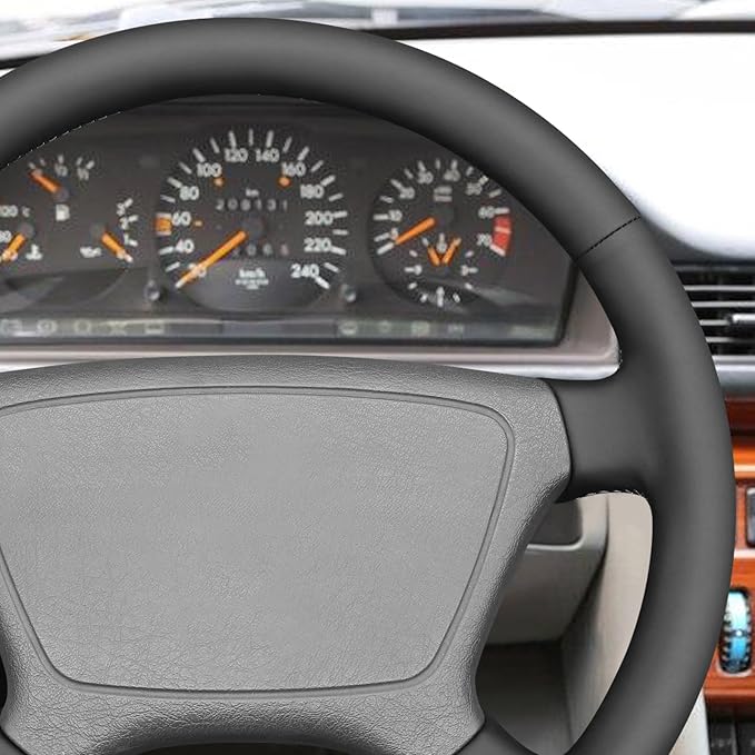 MEWANT Black Hand Stitch Steering Wheel Cover for C-Class W202 E-Class W210 W124 S-Class W140 1993-2000 Smooth Genuine Leather DIY Wrap Custom Fit Classic Car Interior Accessories