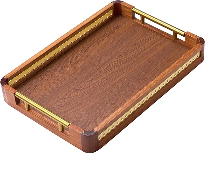 Acacia Wood Serving Tray with Handles, Decorative Wooden Tray for Ottoman, Coffee Table, Rectangular Tray Decor for Living Room, Bedroom, Kitchen, Breakfast in Bed