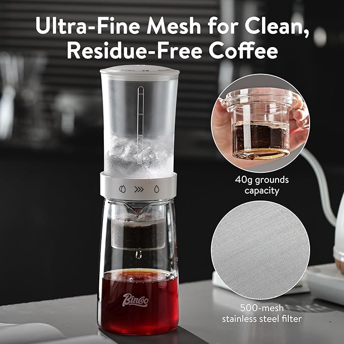 Cold Brew Coffee Maker 450ml-Bincoo High Borosilicate Glass Ice Drip Coffee Brewer,Adjustable Dual-Outlet Drip Speed, Constant Pressure Brewing