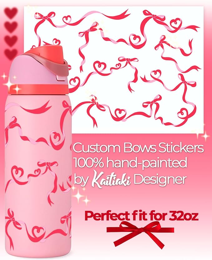 Valentine's Day Tumbler Decals for Owala Accessories - Sweet Heart Bows Stickers, Fits 32oz Angel Food Cake Owala Bottles, Great Valentines Gift (Red)
