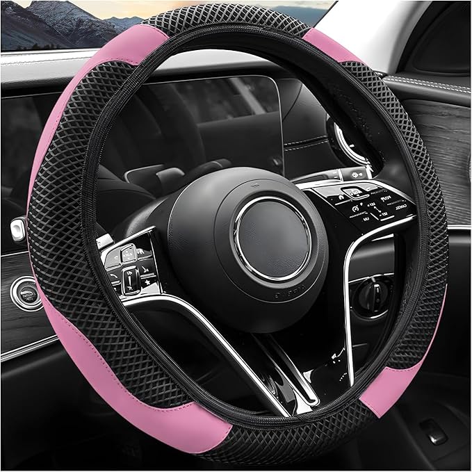 Elastic Stretch Steering Wheel Cover, Warm in Winter and Cool in Summer, Universal 15 inch Microfiber Breathable Ice Silk Anti Slip Car Interior Accessories, Odorless, (Black Pink)